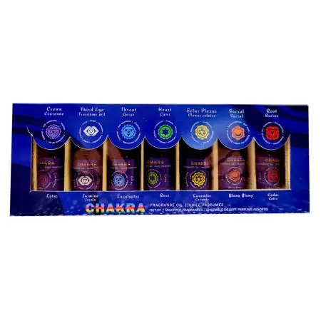 Set de Aceites 7 Chakras Caja de Madera